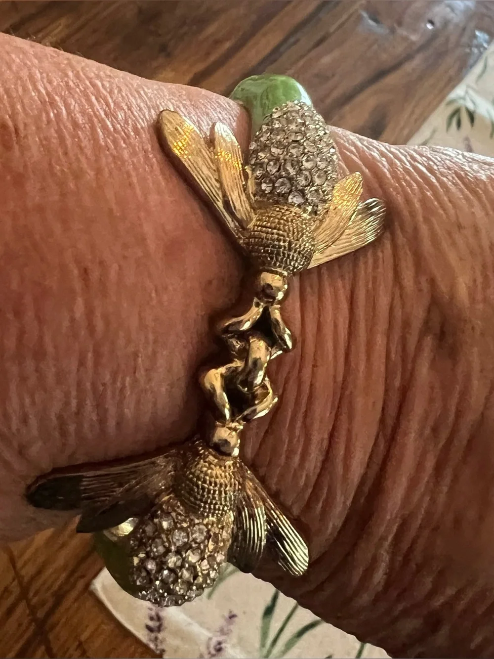 Gold-Tone Hinged Double Bee  Bracelet with Green Enamel and Crystal Accents